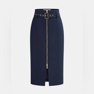COMMENSE Navy High-Waist Pencil Skirt with Front Zip and Belt Size XL (US 12)